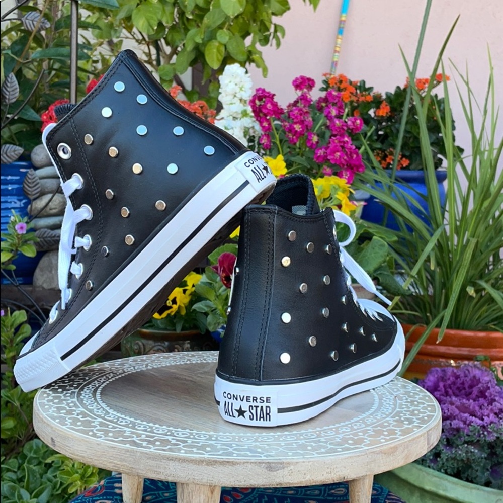 Leather & Silver Studded Converse Hi Tops Sz 7 - Picture 3 of 16